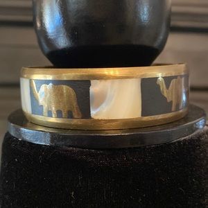 Vintage inlaid elephant bangle enamel mother of pearl and brass bangle